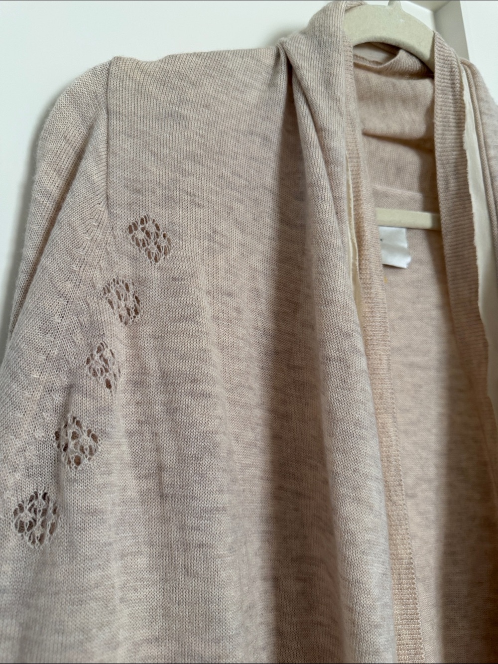 leifsdottir Light Beige Open-Front Knit Cardigan with Eyelet Sleeve Detail